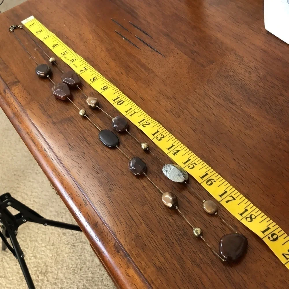 4/$20 Long Large Bead Necklace Brown and Gold Tones with Silver Tone Accent Bead